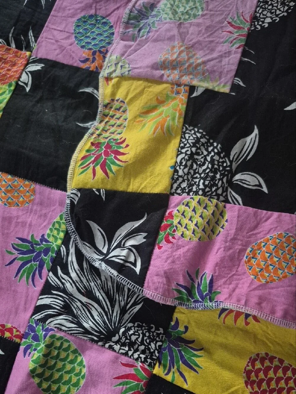Tropical Pineapple Patchwork Cotton Throw - Yellow, Pink, Black